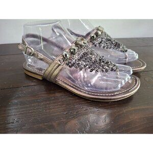 Vince Camuto Milanas Silver Leather Thong Sandals With Rhinestone Chains/Sz. 6.5